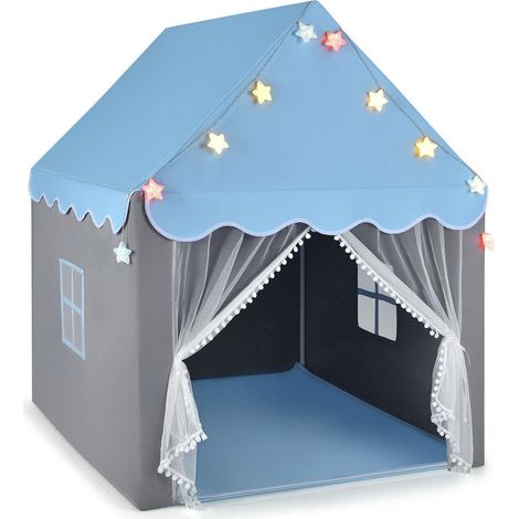 Pour 4 enfants, maison de jeu intérieure avec fenêtres en maille, rideau en gaze et tapis coton bleu (1/5)