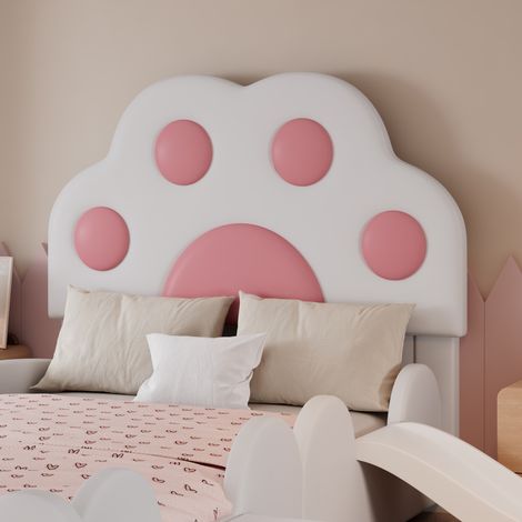 Lit enfant rembourré 90x200 cm - Tête de lit en forme de patte de chat - avec toboggan et petit escalier pour enfants - PU - Blanc + Rose (sans matelas)