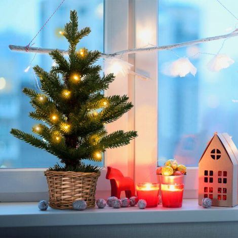 Sapin de Noël artificiel en pot avec 96 pointes, 20 LED blanc chaud et minuterie, base en bois pour table, fenêtre et cheminée (1/5)