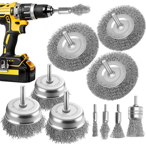 Lot de 10 brosses métalliques pour perceuse et visseuse sans fil – Brosse en acier avec tige ronde de 6 mm (1/4 pouce), idéale comme décapant la rouille, pour polir, poncer et nettoyer (1/5)