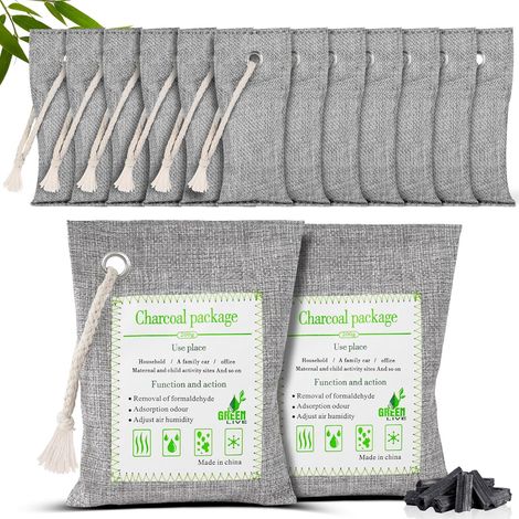 Sac Désodorisant en Bambou Naturel,75g12Pcs+200g2Pcs Purifiants d'air en Charbon de Bambou,Filtre à Charbon Actif,Sac de Purification Pour Armoire,Chaussures,Salle De Bain,Cave,Voiture (1/5)