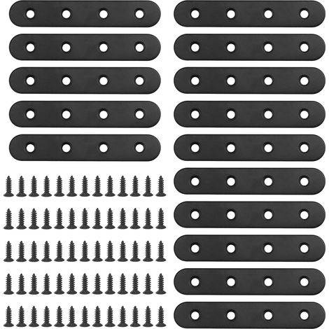 Lot de 15 entretoises d'angle plates droites de 100 mm - Plaque de connexion en métal noir avec 65 vis pour meubles en bois (100 x 2 mm) (1/5)