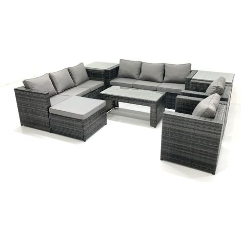 Fimous Polyrattan Gartenmöbel set mit Couchtisch Sessel 2 Beistelltischen 2 Großer Hockern Dunkelgrau Gemischt (1/5)