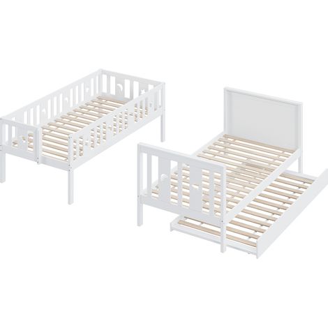 Lit superposé enfant 90x200 avec lit gigogne 90x190, lit superposé en bois massif avec escalier, Blanc (1/5)
