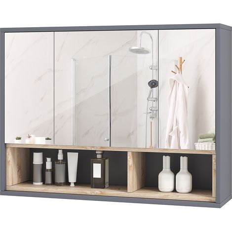 Armario de pared para baño con espejo 80 x 20 x 60 cm almacenamiento 8 compartimentos sin tirador elegante contemporáneo en MDF gris 210002044 (1/5)