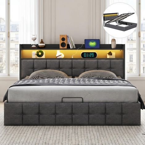 Lit 140x200 cm avec sommier et rangement hydraulique, Lit coffre 140x200 cm avec éclairage LED et ports USB, Tête de lit capitonné, Lit 2 personnes pour adulte ado, Lin, Gris (1/5)