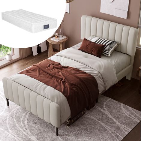 Lit 90x200 avec matelas, tête réglable lin gris-beige HAVRYA (1/5)