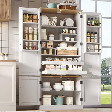 Buffet haut 80x40x180 cm, meuble de rangement avec éclairage à détection, MDF blanc (1/5)