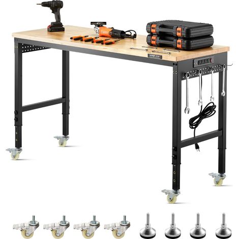 Établi Atelier Garage 1524 mm Table de Travail sur Roulettes à Hauteur Réglable, Capacité de Charge 907,2 kg avec Prise de Courant, Panneau Perforé, Établi Robuste en Chêne pour Bureau, Maison (1/5)