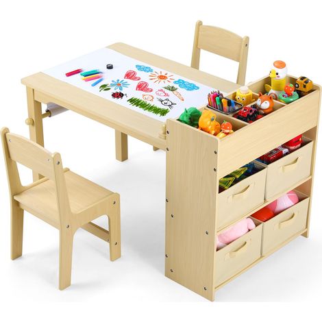 Table pour Enfant avec 2 Chaises, Table avec Espace de Rangement, Ensemble de Chaises en Bois, Bureau de Peinture avec Rouleau en Papier et 4 Boîtes de Rangement, Jaune (1/5)