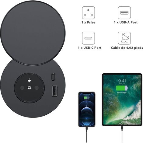 Multipresa da incasso con 1 presa, 1 porta USB-C, 1 porta USB-A, diametro 80 mm, cavo da 1,5 m, presa di corrente da tavolo per cucina, ufficio, mobili, nera (1/4)