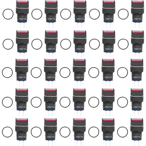 25 pièces interrupteur poussoir lumineux 16mm carré auto-verrouillant petit commutateur 24V 5A rouge (1/5)