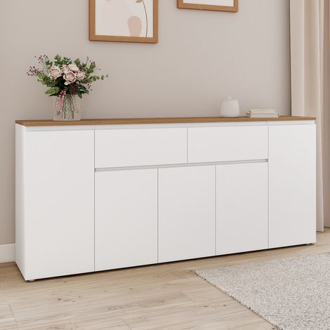 Aparador TOBY 180 cm 5 puertas con 2 cajones blancos y encimera de madera