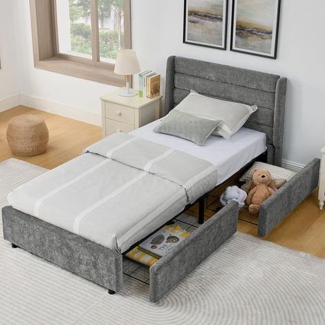 Lit 90x200 avec 2 tiroirs de Rangement, Lit Capitonné 90x200 AVCE Sommier à Lattes, pour Enfant Adolescent Adulte, sans Matelas, Chenille Beige (1/5)