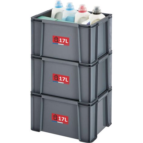 lot de 3 bacs de rangement 17L en plastique recyclé, robustes et renforcés, parois droites, superposables et combinables, idéals pour l’atelier, le bricolage ou le transport (1/5)