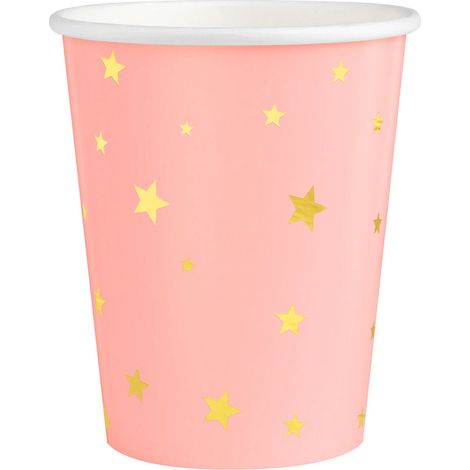 Bicchieri di carta rosa e oro con stelle, 220 ml, confezione da 6 (1/2)