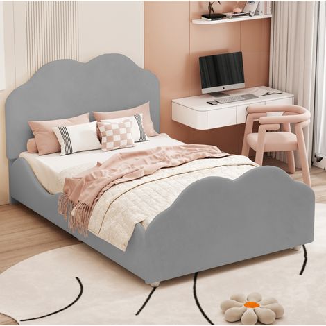 Lit enfant rembourré 90x200 cm style nuage, velours gris, avec tête et pied de lit formés et barrières de sécurité (1/5)