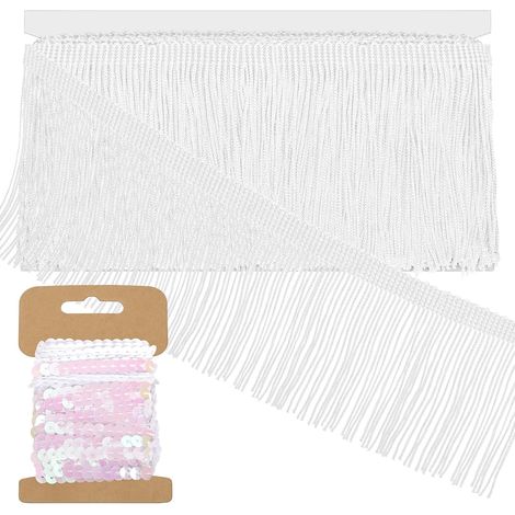 Flecos blancos de 5 yardas × 4 pulgadas con ribete de lentejuelas, flecos de tela, ribete de cadena, borla, ribete de flecos para coser para decoración DIY (1/5)