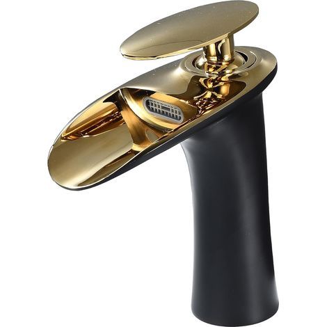 Ensemble de robinetterie de salle de bain, mitigeur d'évier en laiton à poignée unique avec poignée polie dorée, laque noire (1/5)