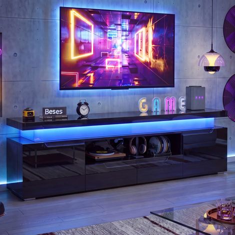 Meuble TV 180 cm avec LED RGB et Prises USB - banc TV Noir Brillant 2 Portes 2 Tiroirs - pour Meuble Téléviseur Design Moderne, Noir (1/5)