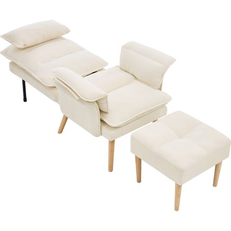 Sillón relax con reposapiés beige de lino y madera, reclinable en 5 posiciones (1/5)