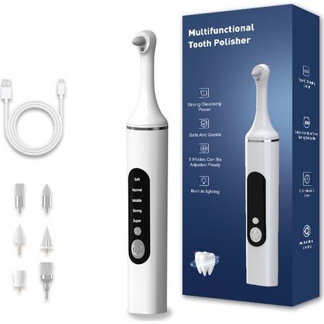 Dental polisher - dental Whitening appareil dentaire Remover tartre électrique polissage kit de nettoyage des dents avec lumière LED, 5 modes de vitesse avec 6 têtes de brosse (blanc)