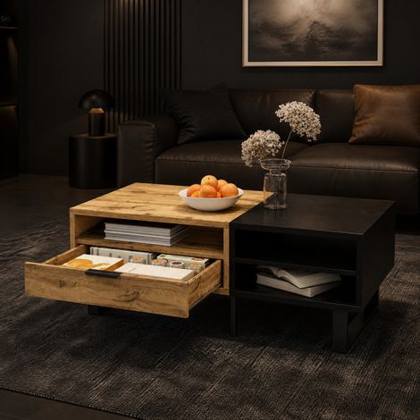Table basse 100x50x40 cm bois et noir avec rangements et tiroir, panneaux de particules MEUBLIV (1/5)