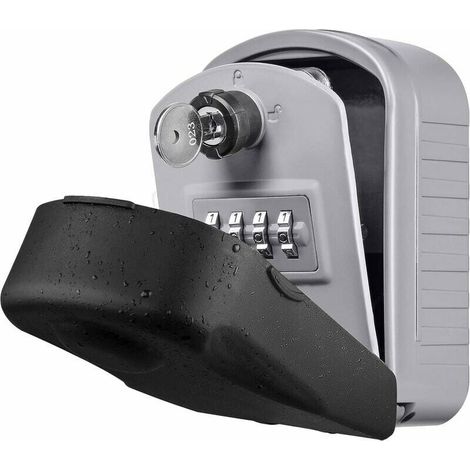 Coffre-fort à clés [Nouvelle génération] Grand coffre-fort à clés extérieur avec 4 codes d'urgence et clés Boîte à clés murale étanche et antirouille pour école, bureau, usine (gris) (1/5)