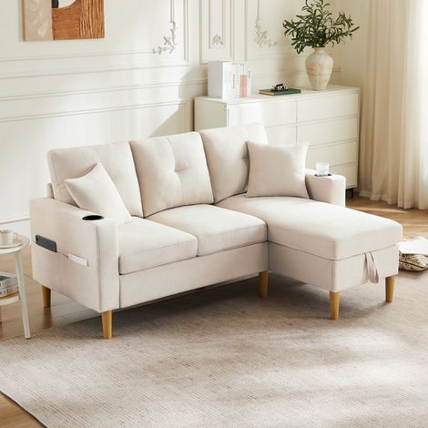Sofá rinconero 3 plazas con chaise longue, almacenaje, portavasos, beige HAVRYA (1/5)
