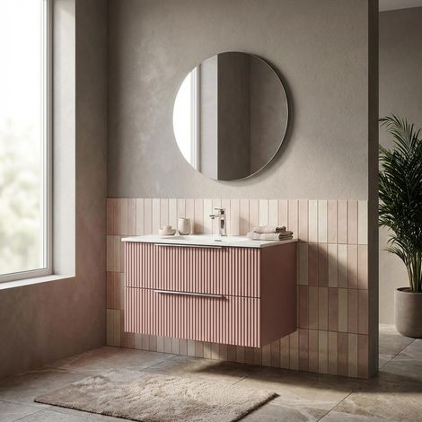 Mobile bagno sospeso con 2 cassetti colore rosa 80 cm e specchio. MALIGI HOME MG-GIOVE Rosa (1/5)