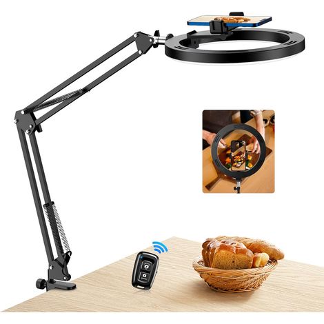 Anillo de luz de 10 pulgadas con brazo flexible y control remoto: lámpara de escritorio con soporte para teléfono, ideal para vídeos de cocina, streaming, maquillaje, 3 modos y 10 niveles de intensida (1/5)