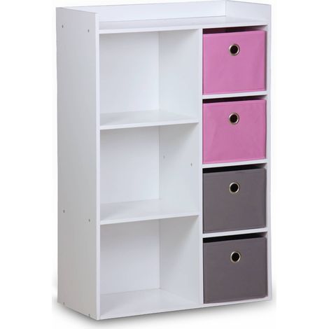 Meuble de rangement pour enfant. blanc - Camille - avec 7 compartiments et 4 paniers gris et roses