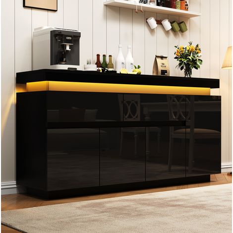 Buffet de salon 140 x 35 x 72,5 cm avec LED, 2 tiroirs, 4 portes, finition brillante noire (1/5)