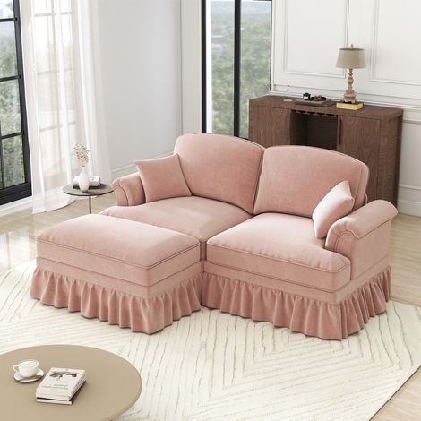 Modulare Eckcouch für 2 Personen, weicher Chenille – Retro-Stil mit Volant, Design-Armlehnen, inklusive Pouf - Rosa (1/5)