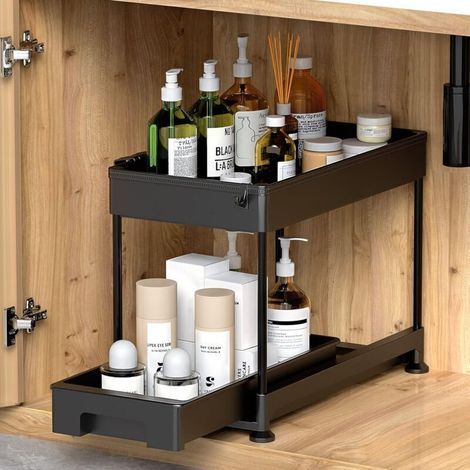 Rangement sous évier Cuisine à 2 Niveaux avec Tiroir Coulissante, étagère de rangement multifonction avec crochets pour cuisine, salle de bain, buanderie, noir (1/5)