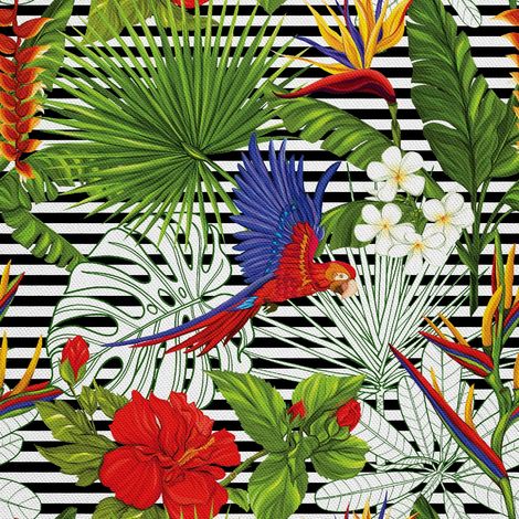 Telas decorativas para exteriores estilo oxford con motivos de loros y plantas tropicales. (1/5)