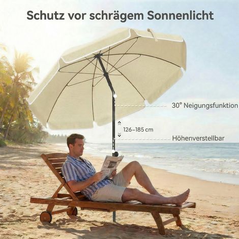 Parasol de plage Ø150 cm, imperméable, pliant, avec fixation sable, inclinaison ajustable, housse de transport, beige (1/4)