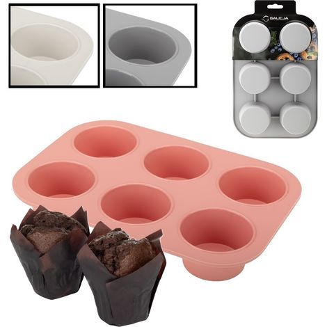 Molde de silicona para hornear 6 muffins PRACTICO cupcakes 3 colores a elegir gris rosa crema (1/5)
