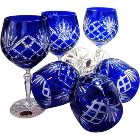 Copas de vino de cristal cobalto de 280 ml con diseño de piña. (1/5)