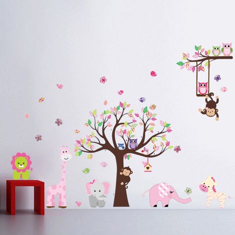 Sticker mural pour chambre d'enfant (garçon/fille). Rose - Multicolore. Arbre - Animaux - Zoo. Hibou, singe, éléphant, girafe, lion, papillon. (1/3)