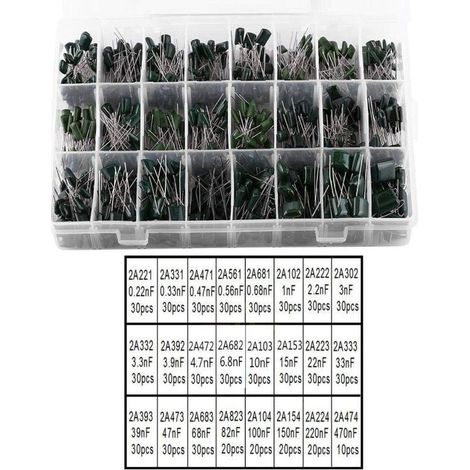 660pcs 24 valeurs Condensateur 100V 0.22nF à 470nF Kit de condensateur Condensateurs , capacitance (1/4)