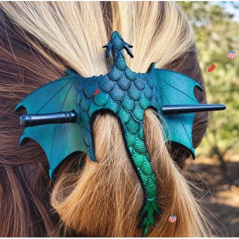 New Medieval dragon hairpin, a retro-style updo hair accessory in peacock green.