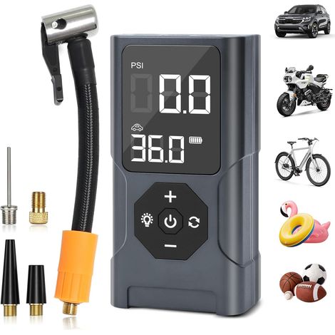 Compresseur À Air Portatif, gonfleur pneus voiture, Pompe À Velo Gonfleur Electrique, Gonfleur Pneu Sans Fil avec Batterie 3600mAh (1/5)