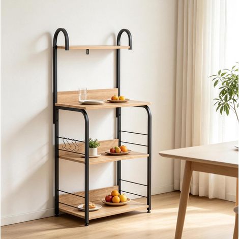 Küchenregal mit 4 Ebenen und Haken, schwarz mit Holzoptik, OKMYHOME (1/5)