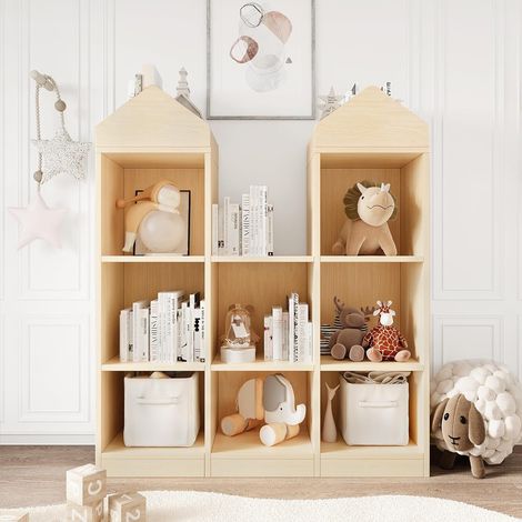 Bibliothèque Enfant et Coffre à Jouets, Meuble de Rangement, 91x30x107 cm, Bois Clair (1/5)
