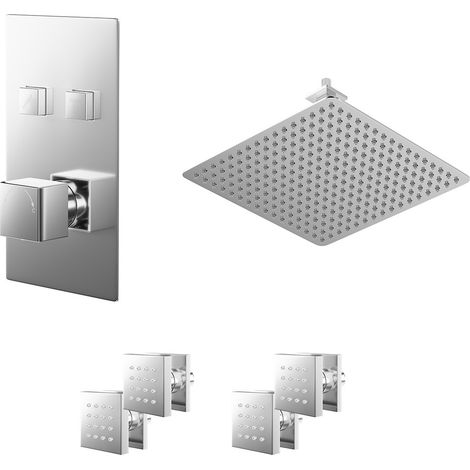 Cubix Polished Chrome Push Button Diverter Concealed Thermostatic Shower Valve and 400mm Square Head with 150mm Ceiling Arm and 4 Body Jets - 2 Outlet (1/5)