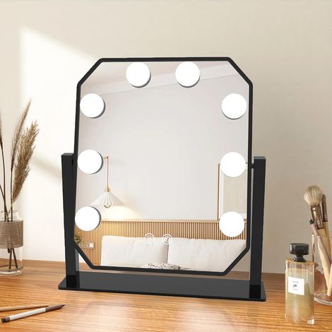 Miroir de courtoisie avec lumières avec 8 ampoules LED, miroir de courtoisie éclairé avec rotation à 360°, 3 modes d'éclairage de couleur, miroir grossissant x5 (noir) (1/5)