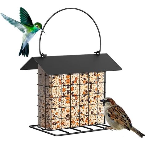 Mangeoire à oiseaux en métal pour boules de graisse - Toit et plateforme étanches - Modèle suspendu pour jardin, balcon et observation des oiseaux - Idéale pour les boules et biscuits de graisse - Noi (1/4)