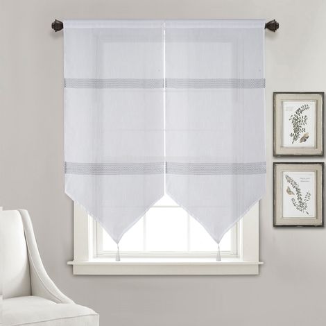 Homemaison – Paire de voilages en pointe à rayures ajourées 60x120 cm – 100% polyester – Finition ourlet passe tringle – Lavable en machine à 30° (1/2)