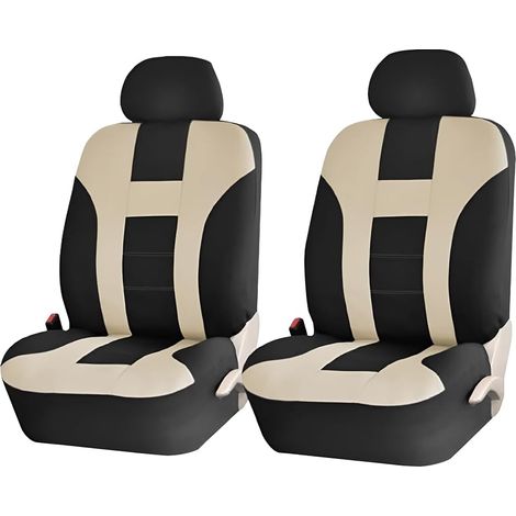 Vordersitzbezüge aus atmungsaktivem Polyester, waschbar und dehnbar, mit abnehmbaren Kopfstützen, passend für die meisten Transporter, LKWs und SUVs (schwarz/beige).